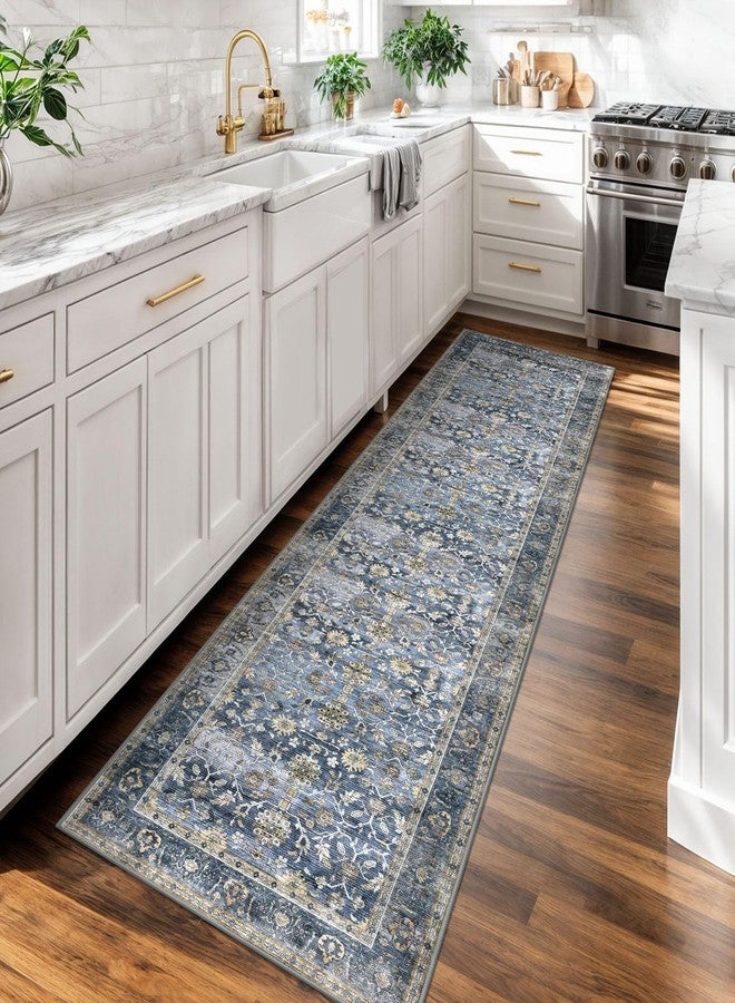 KUTA Vintage Washable Runner Rug, 2x7 Blue Grey Beige Runners for Hallways Non-Slip Kitchen Rugs Ultra Thin Soft Printed Distressed Oriental Floral Floor Carpet for Laundry Bedroom Living Room - Image 2